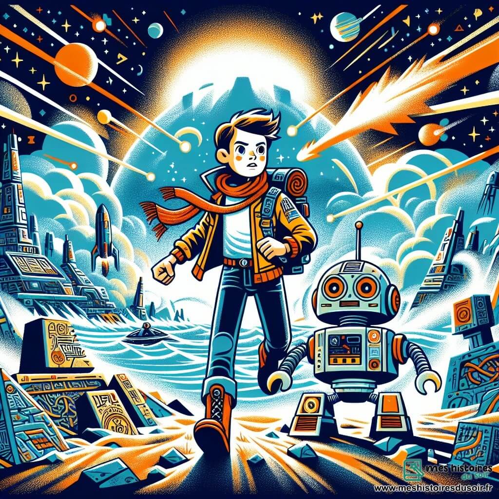Une illustration destinée aux enfants représentant un explorateur spatial intrépide (garçon), confronté à une tempête spatiale déchaînée, accompagné de son fidèle robot assistant (garçon), sur la surface d'une planète lointaine parsemée de ruines anciennes et de symboles énigmatiques.