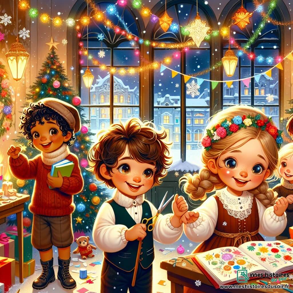 Illustration destinée aux enfants représentant un orphelinat chaleureux décoré pour Noël, avec des guirlandes scintillantes et des lumières colorées illuminant les murs. Au centre, un groupe de trois enfants de 7 ans : un garçon aux cheveux bruns et bouclés, souriant avec des yeux pétillants, tenant un livre ouvert ; une fille aux cheveux blonds et tressés, riant joyeusement en tenant des ciseaux et des papiers colorés ; et un garçon aux cheveux châtains, appuyé sur une canne, observant avec curiosité les décorations qu'ils fabriquent. Ensemble, ils créent des cartes de vœux pleines de couleurs et de dessins, entourés de flocons de neige qui tombent doucement à l'extérieur, évoquant l'esprit de partage et de joie de Noël.