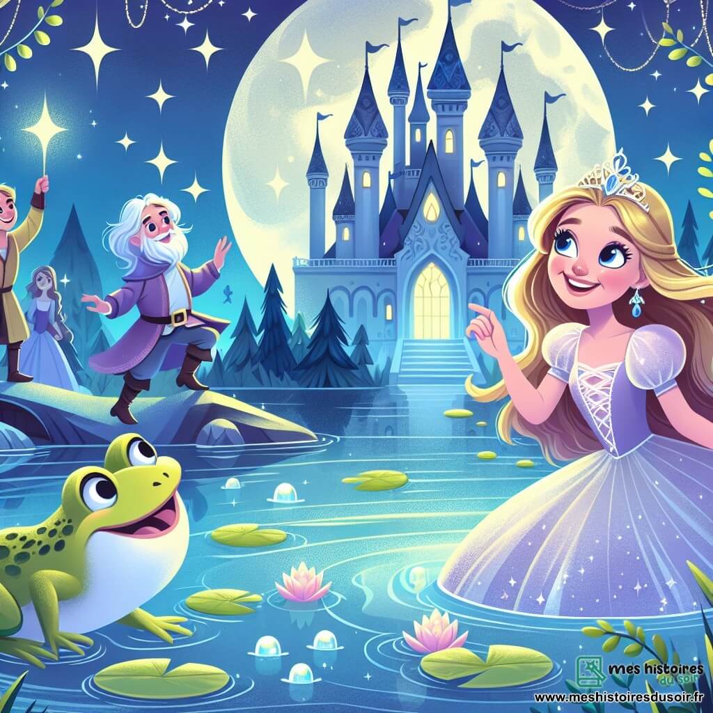 Une illustration destinée aux enfants représentant une princesse farfadette rieuse se lançant dans une aventure mystérieuse avec une grenouille bavarde, près du lac cristallin scintillant sous la lueur de la lune dans le royaume enchanté d'Émeraudia.