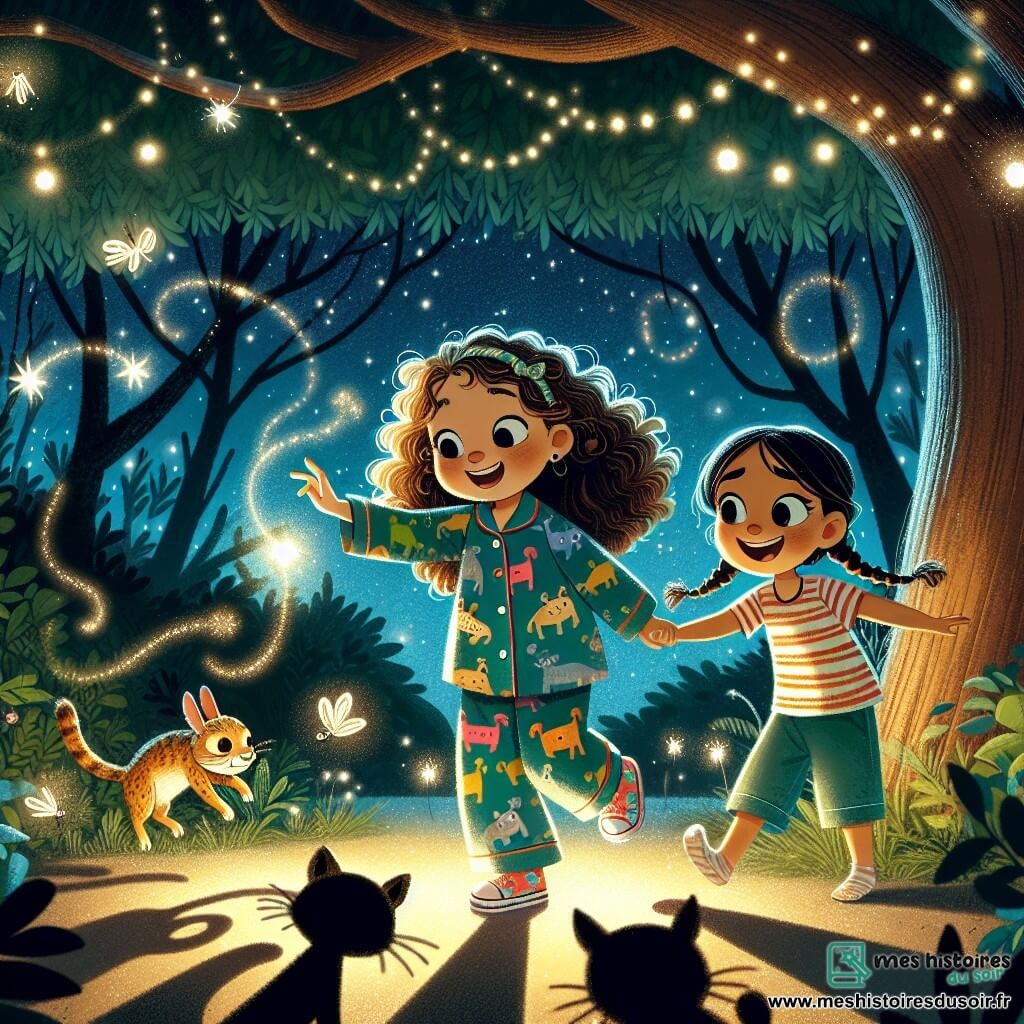 Illustration destinée aux enfants représentant une scène nocturne dans un jardin enchanté, baigné par la lumière douce et scintillante de milliers d'étoiles. Au centre, une fille de 11 ans aux cheveux châtains bouclés, vêtue d'un pyjama coloré orné de motifs d'animaux, sourit avec émerveillement alors qu'elle joue avec des ombres d'animaux dansants projetées par la lumière d'un petit personnage lumineux, un gardien de la nuit. À ses côtés, sa meilleure amie, une fille aux cheveux blonds tressés, habillée d'un t-shirt à rayures et d'un short, rit joyeusement en tenant la main de son amie. La scène dégage une atmosphère magique, avec des lucioles illuminant le sol et des ombres d'animaux joyeux, créant un sentiment de découverte et d'amitié, tandis qu'un grand arbre au feuillage dense projette des ombres mystérieuses autour d'eux.