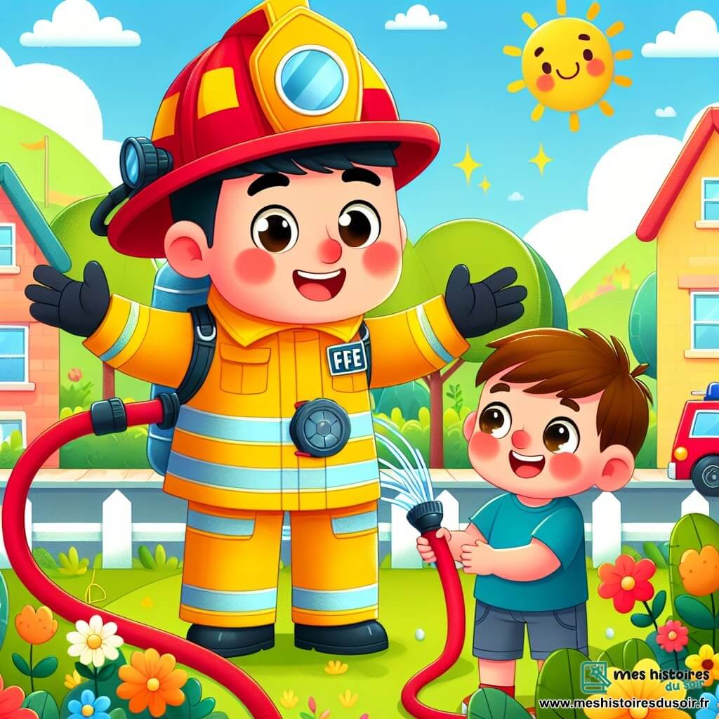 Une illustration sous forme de dessin destinée aux enfants représentant une scène ensoleillée dans une petite ville avec des maisons colorées, où un pompier homme au grand casque rouge et à la tenue de secours brillante sourit joyeusement tout en montrant un tuyau d'arrosage, tandis qu'un petit garçon curieux, aux cheveux bruns et aux yeux pétillants, l'observe avec émerveillement, rêvant de devenir pompier lui aussi, entourés de fleurs et d'arbres verdoyants qui ajoutent une touche de magie à cette rencontre amicale.
