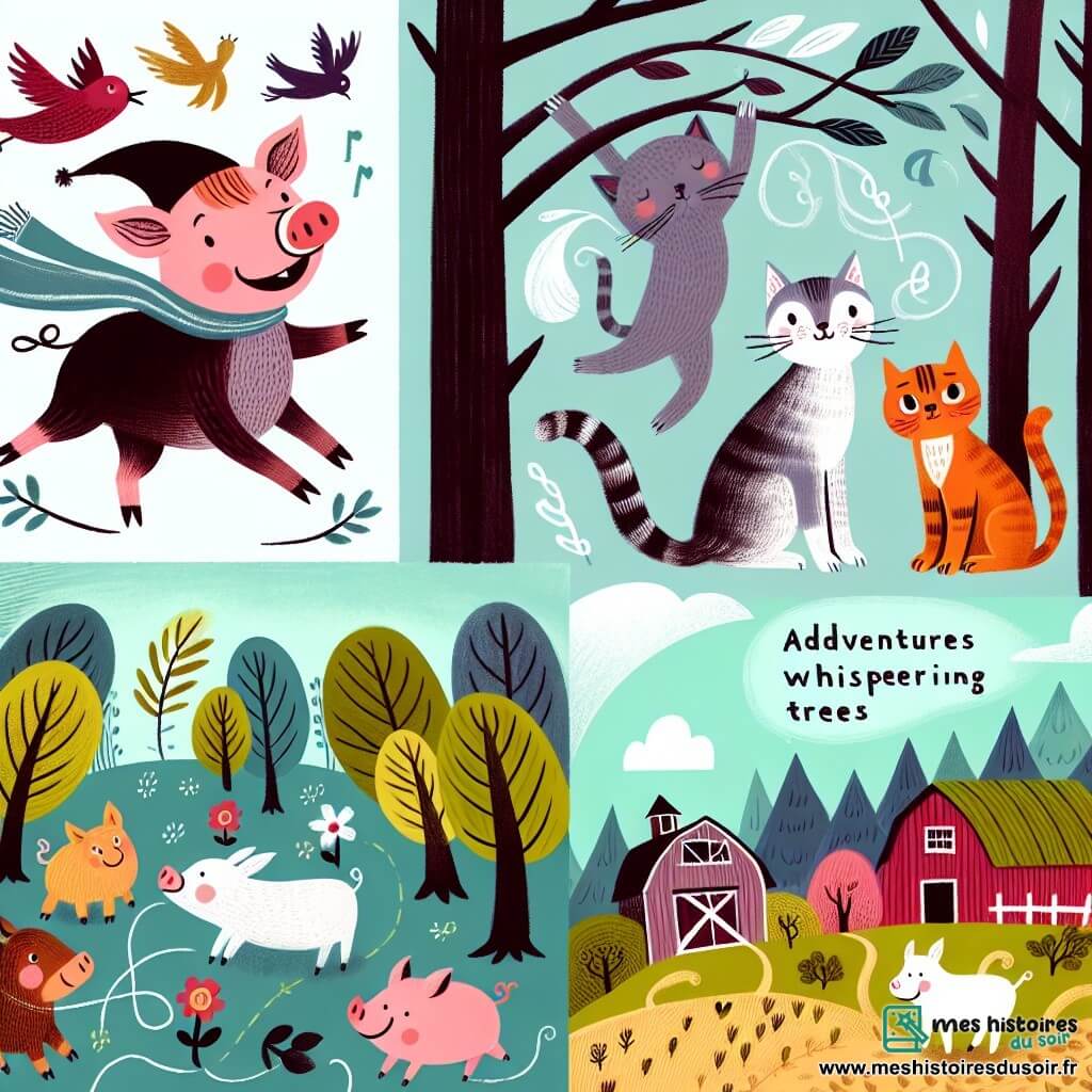 Une illustration destinée aux enfants représentant une jeune cochonne intrépide, un chat malicieux, une forêt mystérieuse aux arbres murmureurs et une ferme animée où aventures et amitié se côtoient.