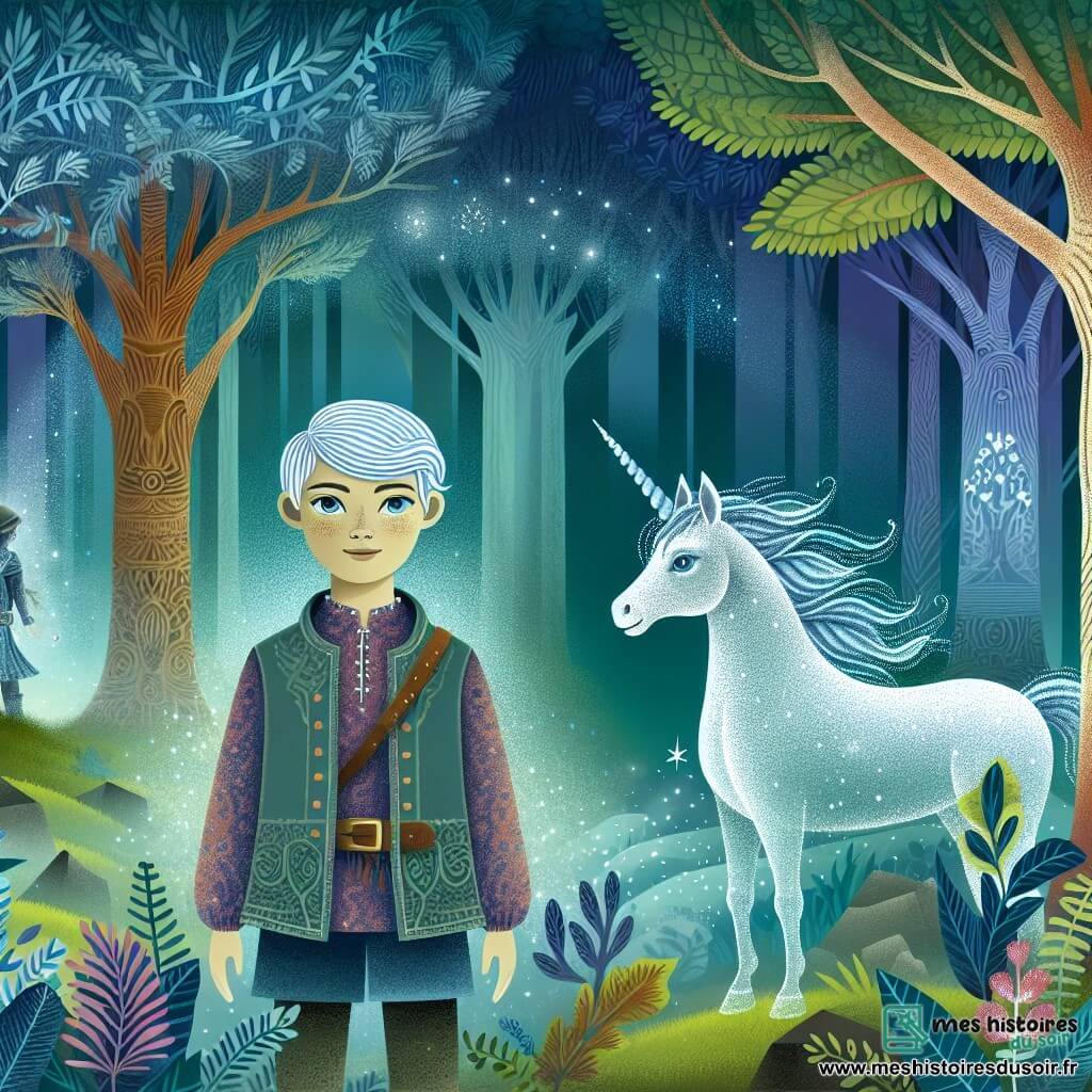 Une illustration destinée aux enfants représentant une jeune femme au regard étincelant, accompagnée d'une licorne blessée, se tenant au cœur d'une forêt enchantée aux arbres centenaires, plongée dans une brume mystique.