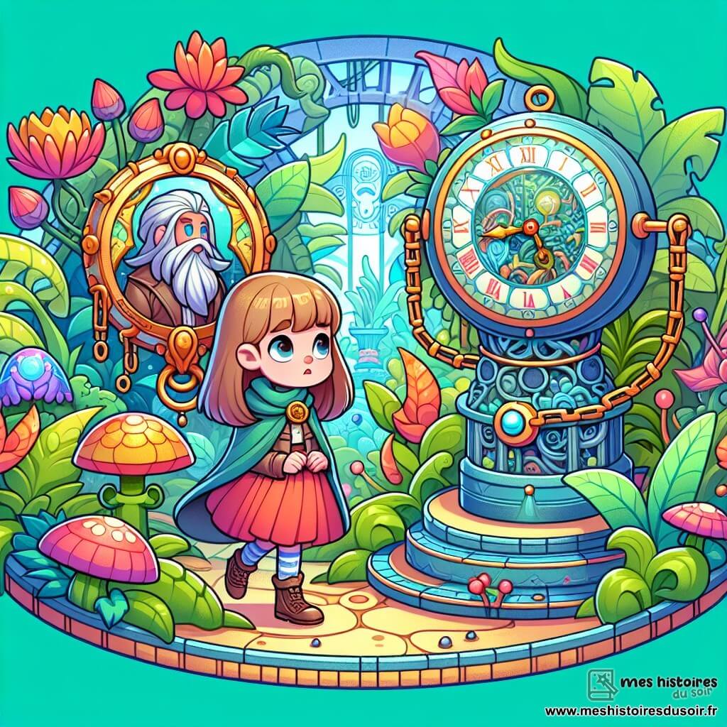 Une illustration destinée aux enfants représentant une fillette curieuse propulsée dans un jardin luxuriant par un médaillon magique, accompagnée du gardien du temps, Chronos, dans une machine ressemblant à une grande horloge, entourés de plantes étranges et de fleurs multicolores.