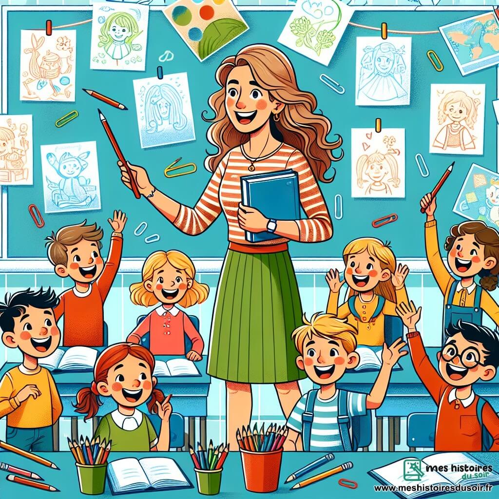 Une illustration destinée aux enfants représentant une institutrice souriante, entourée de ses élèves joyeux, dans une salle de classe colorée remplie de livres, de crayons et de dessins accrochés aux murs, où ils découvrent de nouvelles histoires et s'amusent à apprendre.