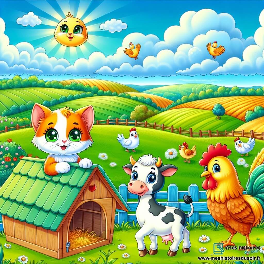 Une illustration sous forme de dessin destinée aux enfants représentant une ferme colorée et ensoleillée, avec des champs verdoyants à perte de vue et un ciel bleu éclatant, où un chat aux poils roux et aux yeux verts pétillants se tient sur le toit d'un poulailler, regardant avec curiosité au loin, tandis qu'une vache gracieuse effectue une pirouette dans le pré et un coq aux plumes dorées déclame un poème, tous prêts à partir ensemble à l'aventure pour explorer une mystérieuse colline scintillante.