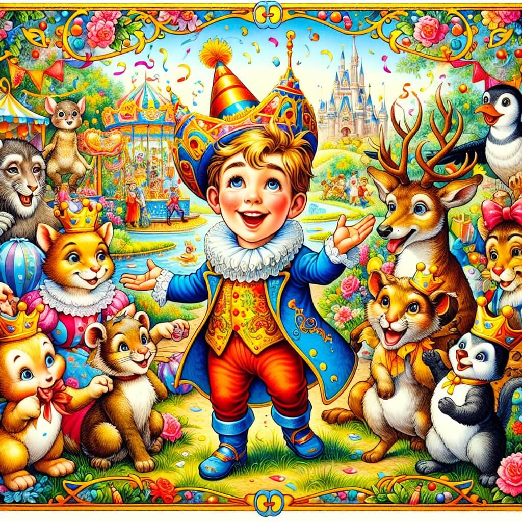 Une illustration destinée aux enfants représentant un jeune garçon plein d'enthousiasme, entouré d'amis animaux, célébrant son anniversaire dans un magnifique parc d'attractions coloré et joyeux.