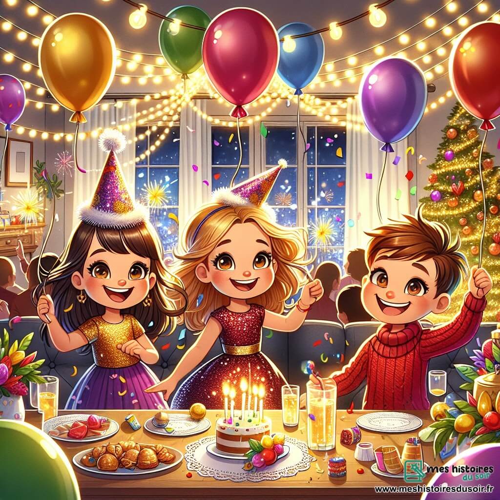 Illustration destinée aux enfants représentant une chaleureuse maison décorée pour le Nouvel An, avec des guirlandes lumineuses scintillantes et des ballons colorés flottant dans l'air. Au premier plan, un groupe de trois enfants de 7 ans, deux filles et un garçon, s'affairent joyeusement : la première fille a de longs cheveux bruns et porte un chapeau de fête orné de paillettes, elle accroche des ballons ; la deuxième fille, avec des cheveux blonds et un sourire éclatant, déploie des napperons brillants ; le garçon, aux cheveux châtains et portant un pull rouge, s'amuse à lancer des confettis dans les airs. En arrière-plan, des adultes rient et discutent, tandis qu'une grande table est remplie de plats colorés et de boissons pétillantes, créant une ambiance festive et joyeuse.