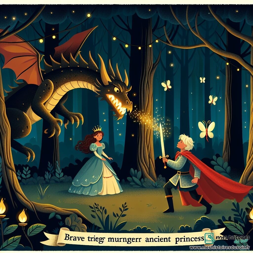 Une illustration destinée aux enfants représentant un jeune prince courageux affrontant un dragon redoutable pour sauver une princesse enchantée, dans une forêt sombre et mystérieuse où les arbres murmurent des secrets anciens et les lucioles dansent autour d'eux.