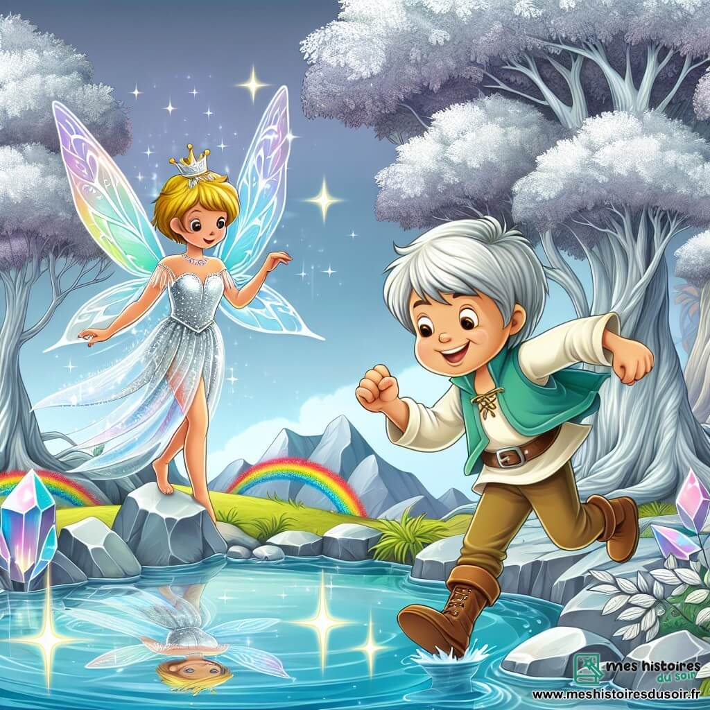 Une illustration destinée aux enfants représentant un jeune prince farceur se lançant dans une aventure mystérieuse avec l'aide d'une fée étincelante, à la découverte du lac cristallin entouré de majestueux arbres aux feuilles argentées et de reflets arc-en-ciel dans l'eau scintillante.