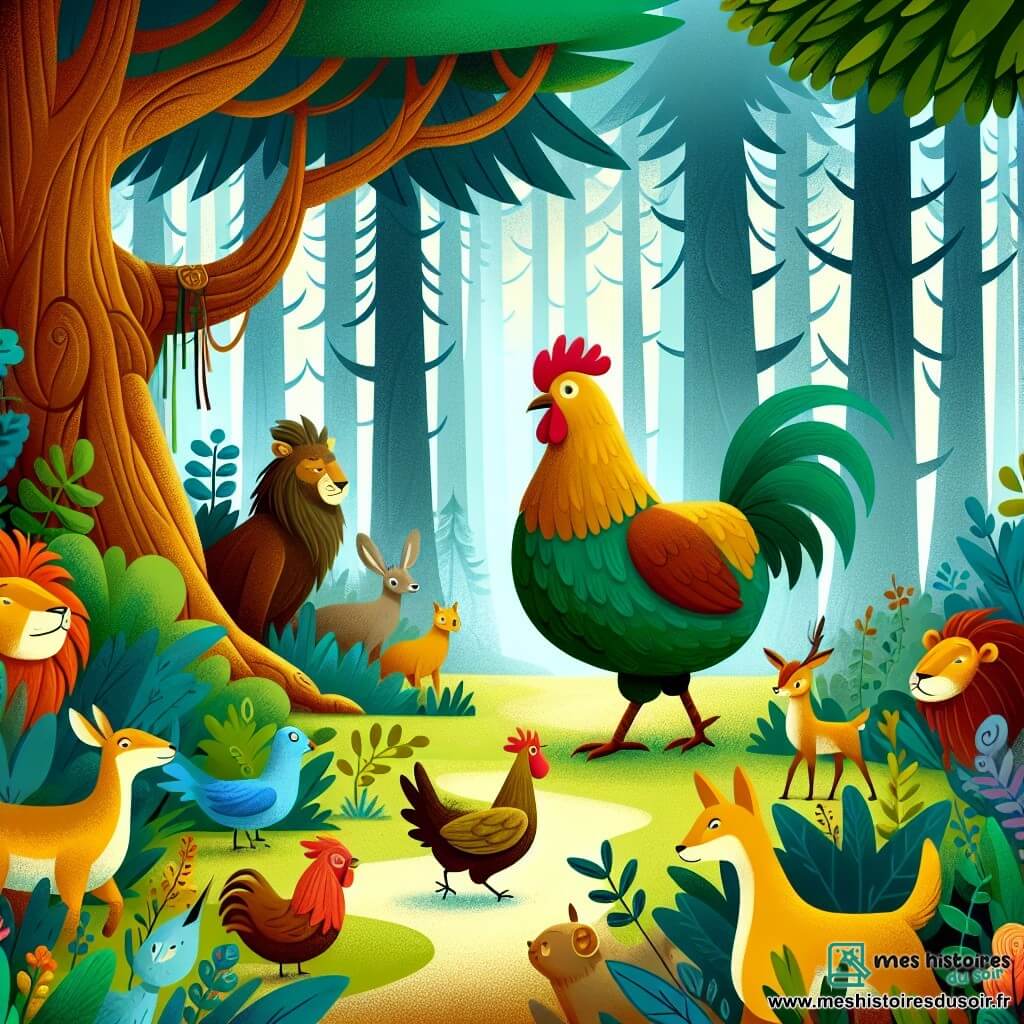 Une illustration destinée aux enfants représentant une poule intrépide, avide d'aventure, qui rencontre des animaux sages et rusés dans une forêt dense et mystérieuse, entourée de grands arbres majestueux et d'une faune colorée.