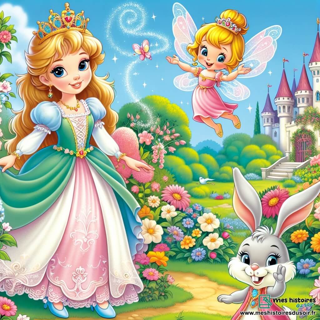 Une illustration destinée aux enfants représentant une princesse farfelue, une fée espiègle et un lapin malicieux se promenant dans les jardins enchantés d'un château magique.