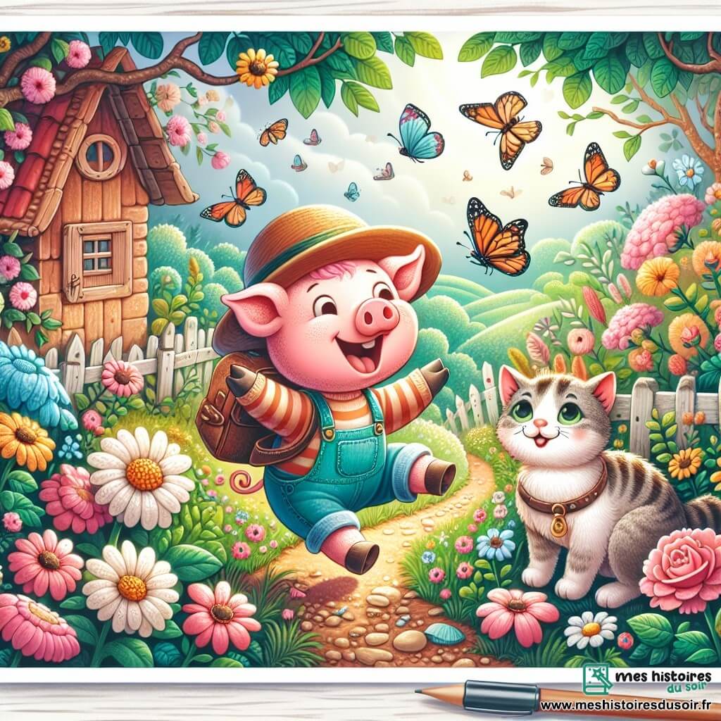 Une illustration destinée aux enfants représentant un joyeux cochon aventurier, accompagné d'un sage chat, découvrant un jardin enchanteur rempli de fleurs colorées et de papillons virevoltants, dans une petite ferme nichée au cœur de la campagne.
