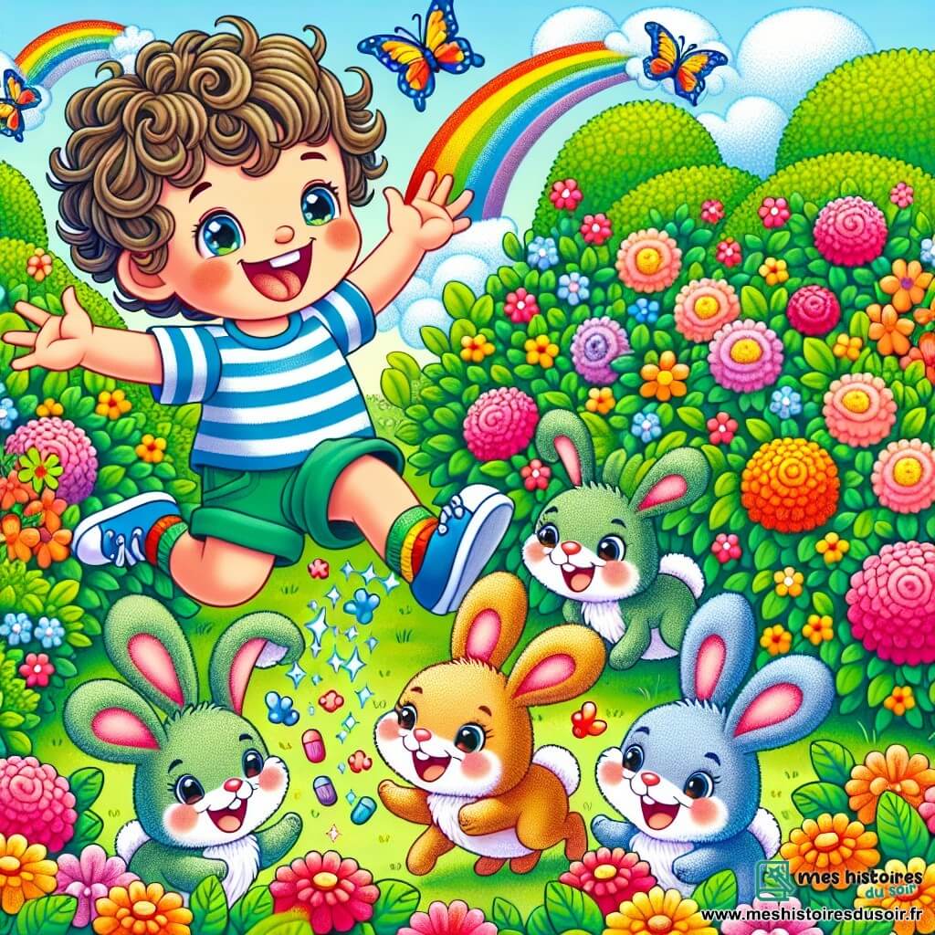 Une illustration sous forme de dessin destinée aux enfants représentant un jardin coloré rempli de fleurs éclatantes et de buissons verdoyants, où un petit garçon de 4 ans aux cheveux bouclés et aux yeux pétillants, vêtu d'un t-shirt rayé et de chaussettes multicolores, saute joyeusement en riant, tandis que quatre lapins aux grandes oreilles et au pelage doux, aux couleurs variées, l'observent avec émerveillement, tous en train de s'amuser ensemble avec des chaussettes magiques, illustrant ainsi le défi amusant de partager des moments de joie et de camaraderie.