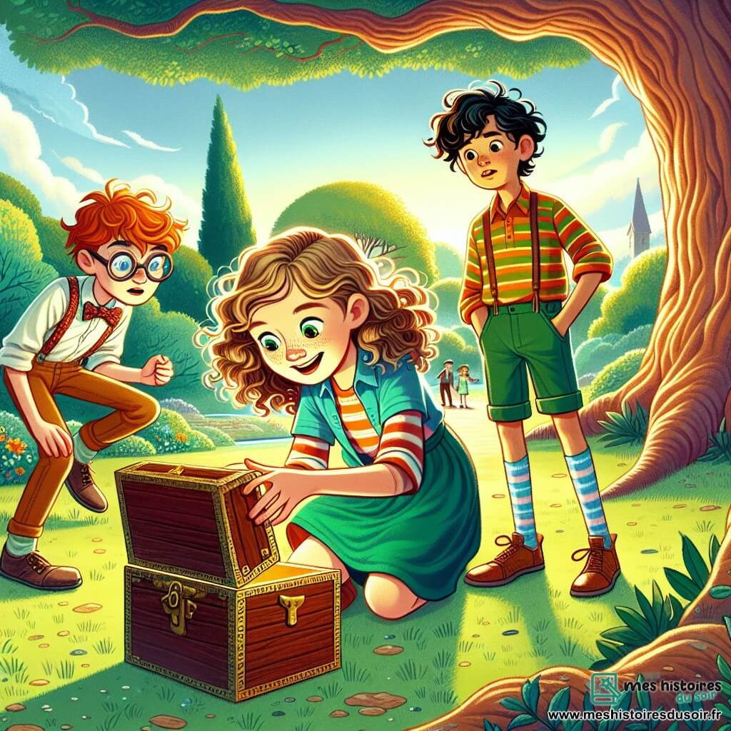 Une illustration sous forme de dessin destinée aux enfants représentant un parc ensoleillé avec des arbres verdoyants et un vieux chêne majestueux, où une fille de 11 ans aux cheveux bruns bouclés et aux yeux pétillants, vêtue d'un t-shirt coloré et d'un short, est agenouillée en train d'examiner une boîte en bois mystérieuse, tandis qu'à ses côtés, deux garçons, l'un avec des lunettes rondes et un air studieux, et l'autre intrépide avec des cheveux en bataille, regardent avec curiosité, tous trois plongés dans l'excitation de découvrir un trésor caché et de résoudre le mystère de l'ami perdu.