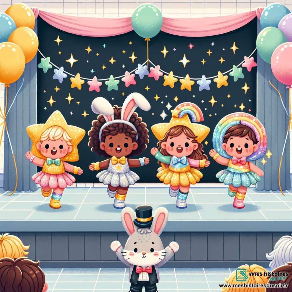 Illustration destinée aux enfants représentant une grande salle de classe décorée pour un carnaval, avec des murs ornés de ballons colorés et de guirlandes scintillantes. Au centre, un groupe d'enfants de 3 ans, quatre filles aux cheveux bouclés et brillants, vêtues de costumes éclatants : une en étoile dorée, une en lune argentée, une en comète étincelante, et une en arc-en-ciel lumineux, dansent joyeusement sur scène. À côté d'eux, un professeur lapin en costume rigolo, avec un chapeau haut de forme et un nœud papillon rouge, les observe avec un sourire émerveillé. L'atmosphère est remplie de rires et d'applaudissements, tandis qu'un chat aux poils doux et soyeux s'approche pour les encourager, créant une ambiance festive et magique.