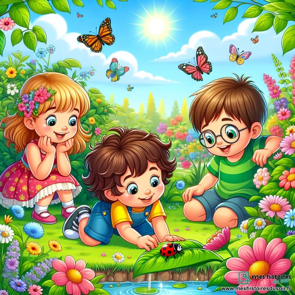 Une illustration sous forme de dessin destinée aux enfants représentant un jardin en pleine floraison au printemps, avec un garçon de 5 ans aux cheveux bruns et bouclés, portant un t-shirt jaune et un short bleu, qui s'agenouille pour observer une petite coccinelle sur une feuille, tandis qu'une fille aux cheveux longs et blonds, vêtue d'une robe rose, et un garçon aux lunettes et cheveux châtains, en t-shirt vert, se tiennent à ses côtés, tous les trois souriant et émerveillés par la beauté de la nature, entourés de fleurs colorées, de papillons et d'une mare scintillante au soleil.