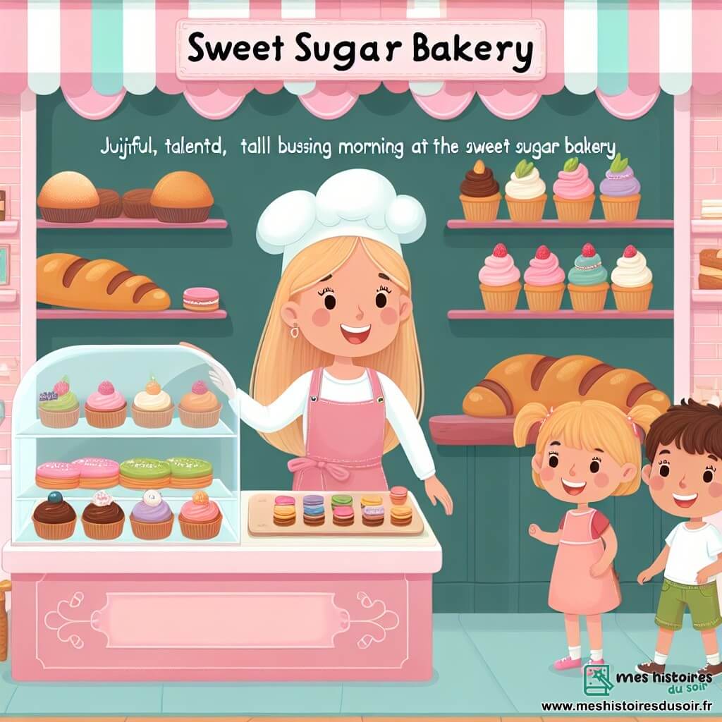Une illustration destinée aux enfants représentant une femme joyeuse et talentueuse, une matinée animée à la Pâtisserie Douceur Sucrée, accompagnée de deux enfants curieux, dans une boutique aux murs roses décorés de cupcakes et de macarons colorés, avec des étagères remplies de pains et de gâteaux alléchants.