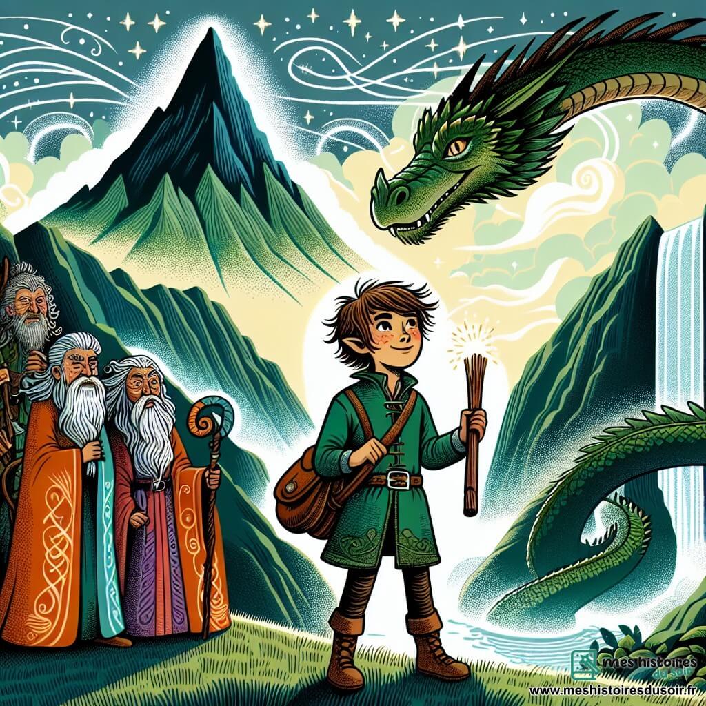 Une illustration sous forme de dessin destinée aux enfants représentant la majestueuse Montagne des Dragons, avec ses pentes verdoyantes et ses cascades scintillantes, où un jeune garçon aux cheveux ébouriffés et aux yeux pétillants, tenant une flûte en bois, se tient courageusement face à un immense dragon aux écailles vertes étincelantes, tandis qu'un groupe de sages aux robes colorées, aux cheveux argentés et aux visages sages, l'entoure, tous unis pour conjurer une lumière éclatante qui repousse une ombre menaçante, symbolisant l'espoir et la magie qui résident dans l'unité et le courage.