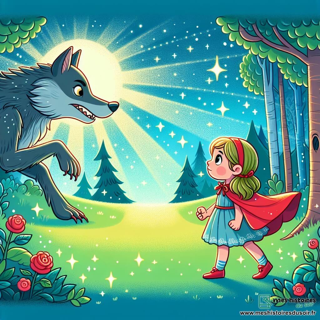 Une illustration destinée aux enfants représentant une petite fille courageuse confrontée au redoutable grand méchant loup, dans une clairière enchantée de la forêt, sous un ciel bleu et des rayons de soleil étincelants.