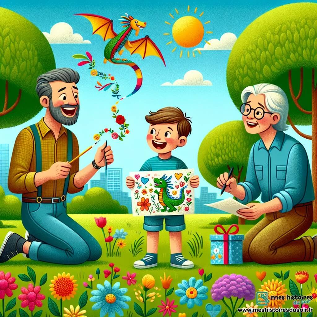 Une illustration destinée aux enfants représentant un petit garçon tout excité pour la fête des pères, offrant un dessin à son papa, accompagné de son papa (homme) et de sa maman (femme), dans un parc ensoleillé avec des arbres verdoyants, des fleurs colorées et un cerf-volant dragon volant haut dans le ciel bleu.