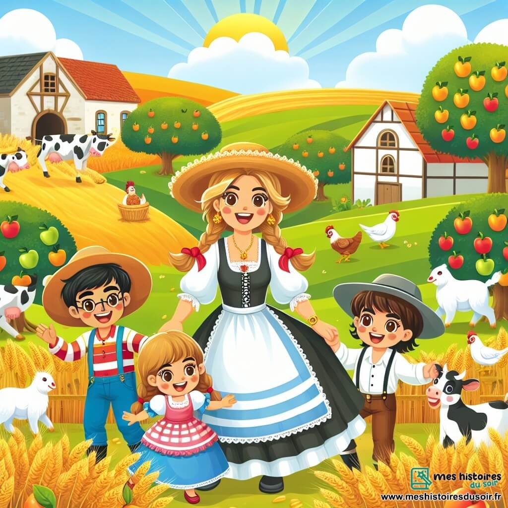 Une illustration destinée aux enfants représentant une agricultrice passionnée, accompagnée de trois enfants curieux et enthousiastes, explorant ensemble une ferme colorée et animée parmi les champs de blé doré, les vergers remplis de fruits juteux et les enclos habités par des vaches, des poules et des lapins.