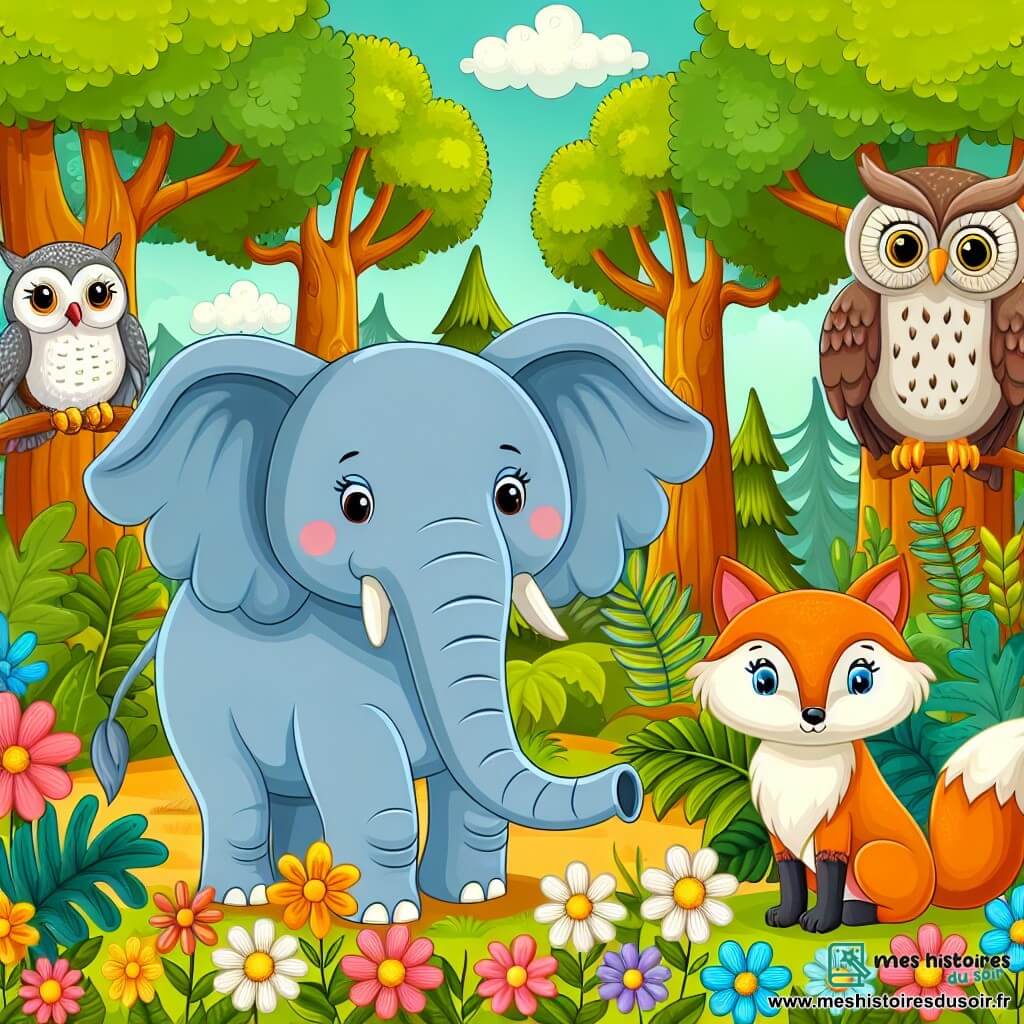 Une illustration destinée aux enfants représentant un éléphant bienveillant, accompagné d'une renarde rusée et d'un hibou sage, évoluant dans une forêt luxuriante aux arbres majestueux et aux fleurs multicolores.
