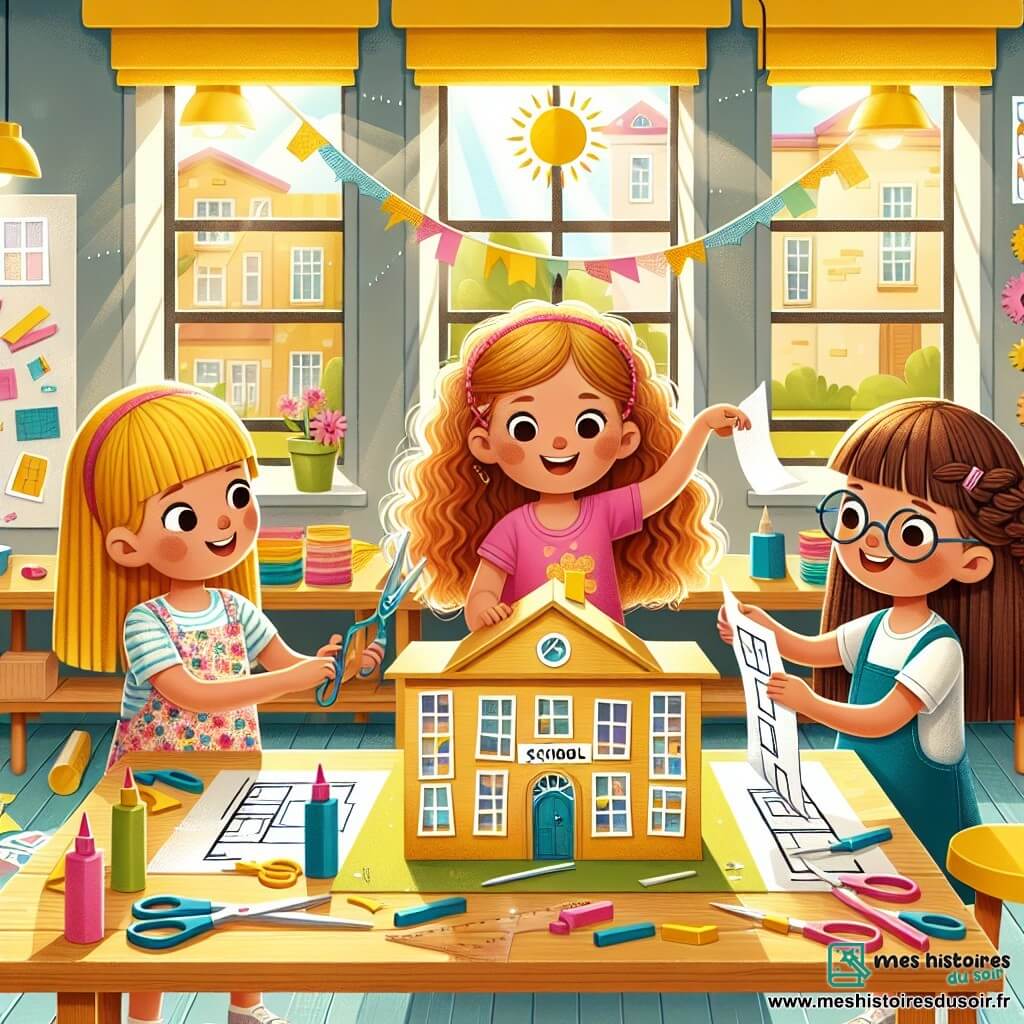 Illustration d'une salle de classe colorée et ensoleillée, avec des murs jaunes et des fenêtres laissant entrer la lumière. Au centre, une grande table en bois est couverte de papiers colorés, de ciseaux et de colle, créant une atmosphère joyeuse. Trois filles d'environ 8 ans sont au premier plan : la première, blonde et bouclée, en t-shirt rose et jeans, tient un plan de maquette ; la deuxième, avec des tresses brunes et une robe à fleurs, sourit en tenant des ciseaux ; la troisième, châtain et courte, en t-shirt bleu et lunettes, colle des fenêtres en papier. Elles collaborent avec enthousiasme pour construire une maquette de leur école, entourées de détails créatifs comme des bâtons de glace et des dessins.