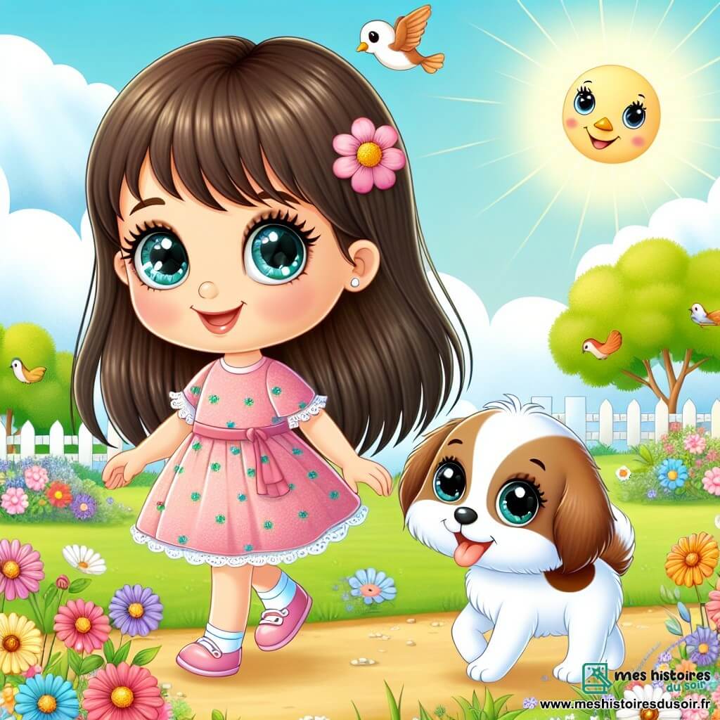 Une illustration destinée aux enfants représentant une fillette aux boucles brunes et aux yeux pétillants, accompagnée d'un chiot blanc aux taches marron, évoluant dans un parc ensoleillé rempli de fleurs colorées et d'oiseaux joyeux.