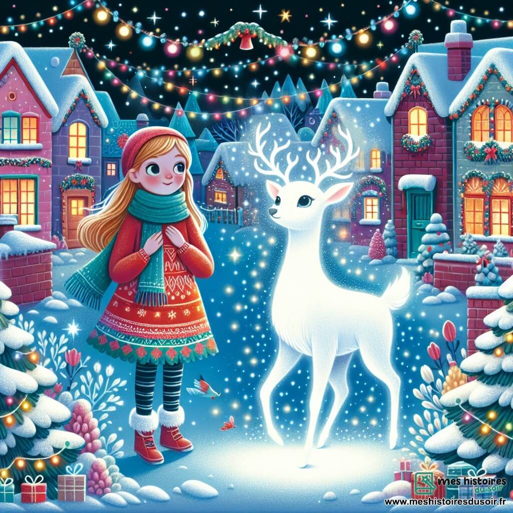 Une illustration destinée aux enfants représentant une fillette émerveillée par les festivités de Noël, accompagnée d'un cerf blanc mystérieux, dans un village enneigé orné de guirlandes scintillantes et de maisons décorées de houx.