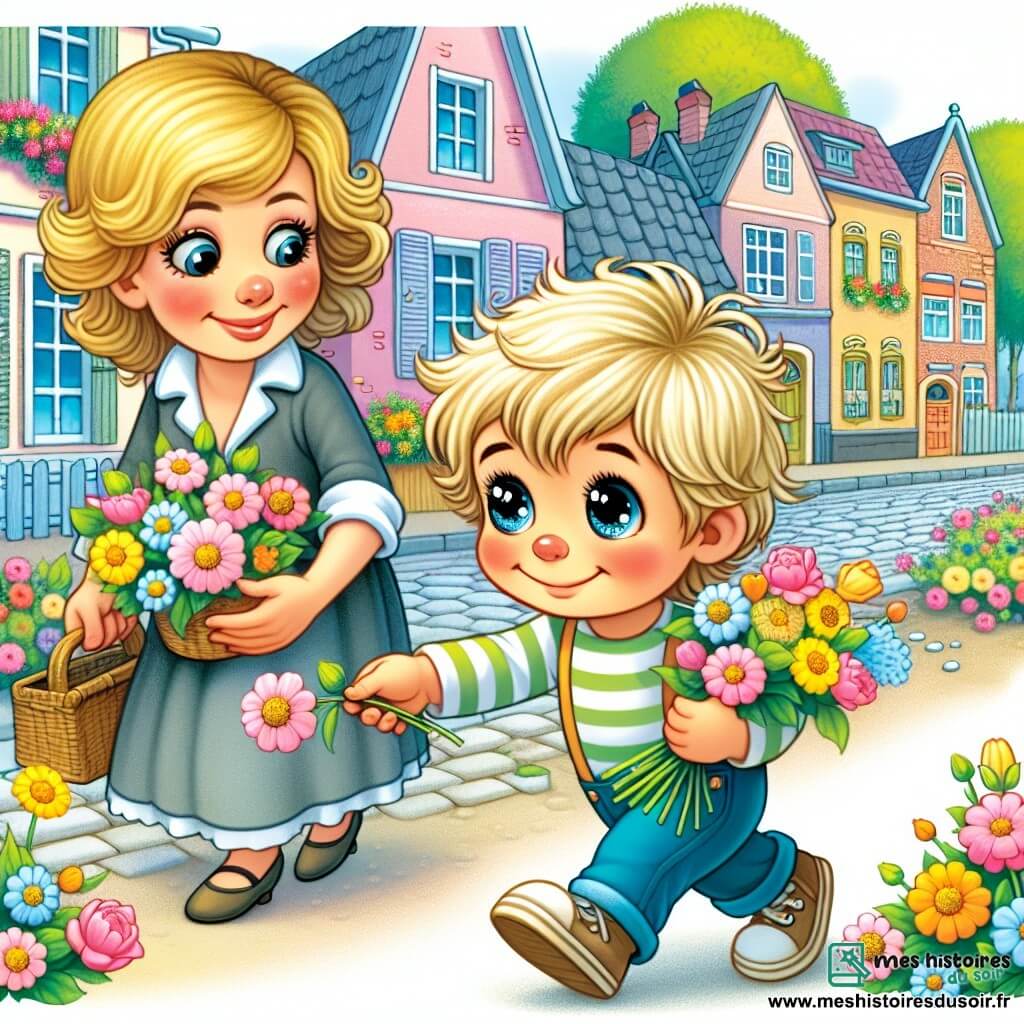 Une illustration destinée aux enfants représentant un petit garçon blond aux yeux pétillants, distribuant des fleurs à tous les habitants de son quartier, accompagné de sa maman, dans une rue bordée de maisons aux volets colorés et de jolies fleurs en fleurs.