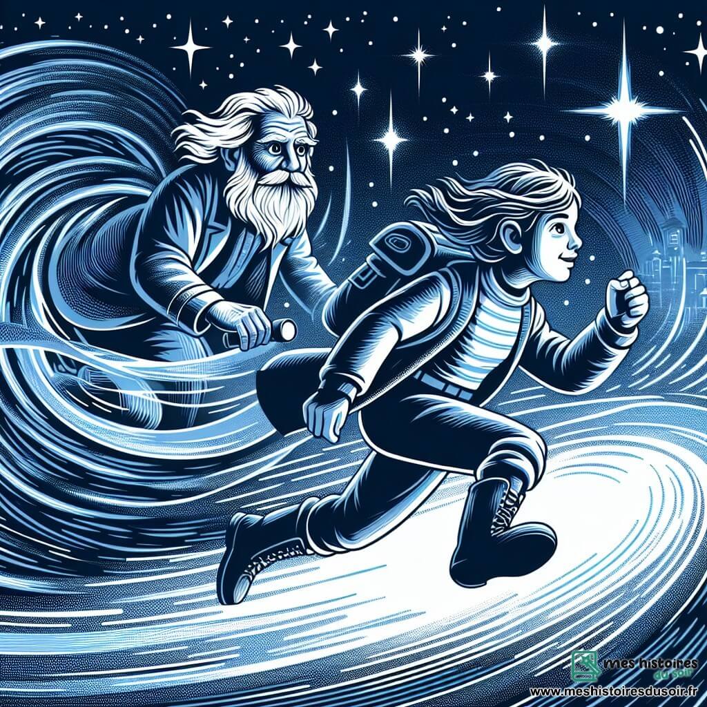 Une illustration destinée aux enfants représentant une courageuse exploratrice, une jeune fille, affrontant un champ d'énergie mystérieux à bord de son vaisseau spatial, accompagnée d'un vieux scientifique sage, un homme, dans les profondeurs de l'espace, où les étoiles scintillent comme des diamants dans un ciel infini et constellé.