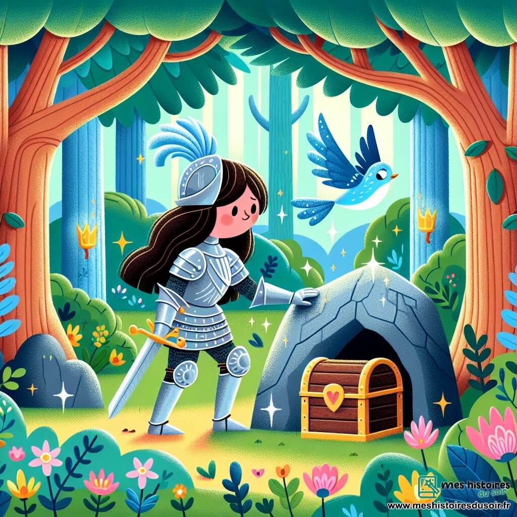 Une illustration sous forme de dessin destinée aux enfants représentant une forêt enchantée aux arbres majestueux et aux fleurs colorées, où se tient une courageuse chevaleresse aux longs cheveux bruns, portant une armure brillante et un casque orné, qui pousse une grande pierre devant l'entrée d'une grotte magique, tandis qu'un petit oiseau bleu, aux plumes éclatantes, vole autour d'elle en lui montrant le chemin vers un coffre mystérieux, symbolisant l'aventure et l'amitié.