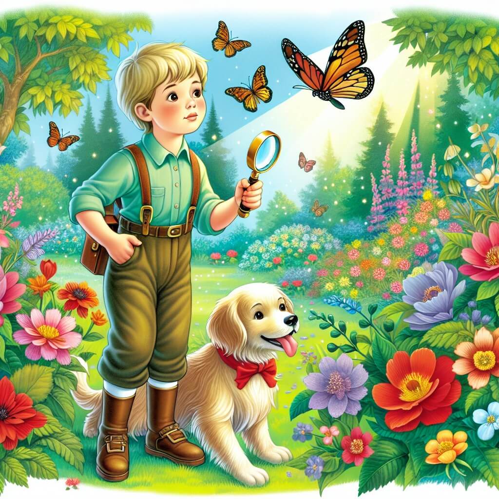 Une illustration destinée aux enfants représentant un jeune garçon à la recherche du cadeau parfait pour la fête des pères, accompagné de son fidèle chien, dans un jardin enchanté rempli de fleurs colorées et de papillons virevoltants.