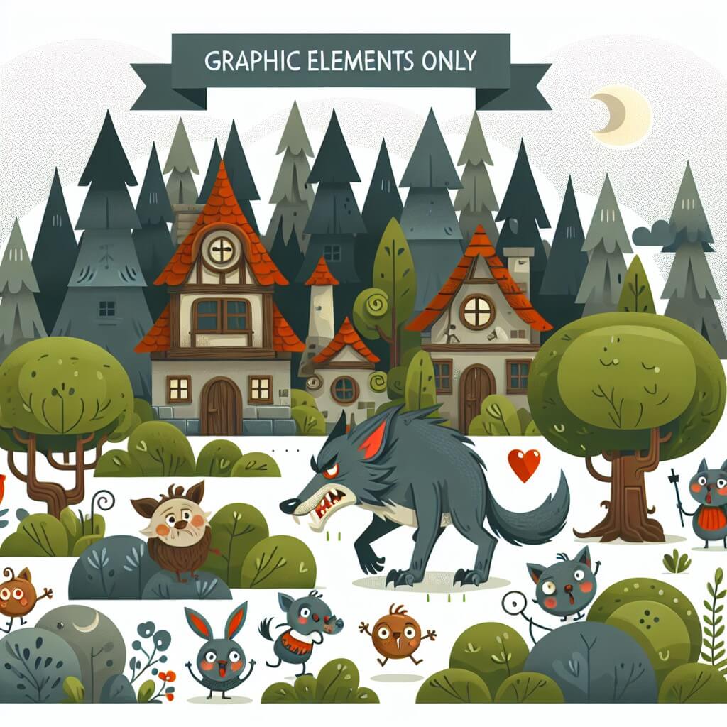Une illustration destinée aux enfants représentant un loup-garou plein d'humour vivant dans un village caché au cœur d'une forêt enchantée, entouré de créatures rigolotes et farceuses.