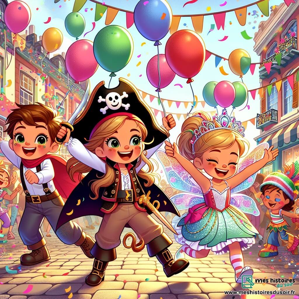 Une illustration sous forme de dessin destinée aux enfants représentant une rue animée et colorée lors d'un carnaval, avec des ballons flottants et des confettis virevoltant dans l'air, où une fille de 7 ans, habillée en princesse pirate avec un chapeau en forme de dragon et une épée en plastique, danse joyeusement au milieu de ses amis : un garçon en costume de super-héros avec une cape rouge qui fait des poses héroïques, et une fille en fée scintillante avec des ailes brillantes qui tourne sur elle-même, tous trois riant et célébrant la magie de l'amitié et de l'imagination.