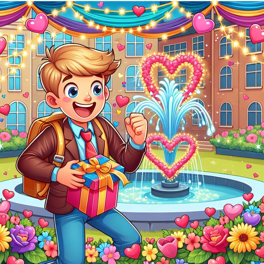 Une illustration destinée aux enfants représentant un jeune garçon plein d'enthousiasme, préparant une surprise pour son amoureuse secrète, entouré de cœurs et de fleurs colorées, dans une école décorée avec des guirlandes scintillantes et une fontaine en forme de cœur.