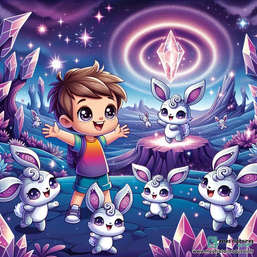 Une illustration sous forme de dessin destinée aux enfants représentant un paysage féerique de la planète Lumina, avec un ciel violet éclatant et des arbres en cristal scintillants, où un garçon de 9 ans aux cheveux bruns et aux yeux pétillants, vêtu d'un t-shirt coloré et de shorts, se tient joyeusement au centre, entouré de Lumibunnies, des petites créatures ressemblant à des lapins avec des oreilles en spirale et un pelage argenté, qui dansent autour de lui, alors qu'ils célèbrent leur victoire contre des Ombres malveillantes qui tentent d'absorber la magie du cristal lumineux au centre de la scène.