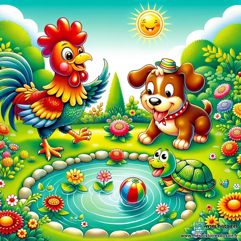 Illustration d'un jardin luxuriant avec des fleurs colorées et des herbes vertes, centré autour d'une petite mare scintillante. Au premier plan, un coq aux plumes rouges et dorées danse joyeusement sur une pierre, portant un chapeau en forme de fleur. À côté, une tortue au carapace verte et aux yeux malicieux avance lentement avec un chapeau à rayures, tandis qu'un gros chien aux poils bruns glisse sur l'herbe en essayant d'attraper une boule en caoutchouc. La scène respire la joie et l'amitié, illuminée par un soleil doré.