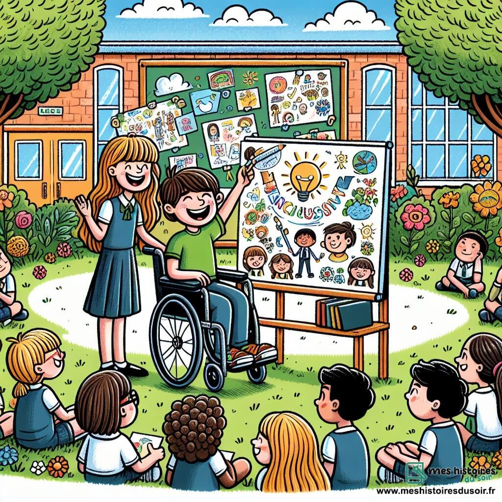Une illustration sous forme de dessin destinée aux enfants représentant une cour d'école ensoleillée, avec des arbres verdoyants et des fleurs colorées, où un garçon de 12 ans aux cheveux châtains en bataille, assis dans son fauteuil roulant, sourit joyeusement en présentant un grand poster rempli de dessins et d'idées sur l'inclusion à ses camarades ; à ses côtés, une fille aux boucles dorées et au sourire contagieux, l'encourage avec enthousiasme, tandis qu'un groupe d'élèves curieux les entoure, écoutant attentivement et s'engageant dans une discussion sur l'importance de l'accessibilité et de l'amitié.