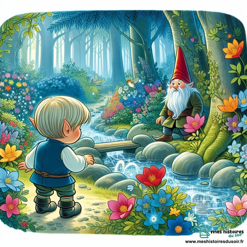 Une illustration destinée aux enfants représentant un jeune elfe garçon, rencontrant un gnome solitaire, dans une forêt enchantée aux fleurs colorées et aux ruisseaux étincelants.