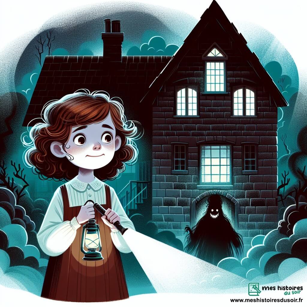 Une illustration sous forme de dessin destinée aux enfants représentant une vieille maison en pierres sombres, entourée de brume, avec une fille de 12 ans aux cheveux châtains bouclés, portant une lampe torche tremblante dans ses mains, qui se tient devant une porte de grenier entrouverte, tandis qu'une silhouette sombre aux yeux brillants, représentant le Gardien des Rêves, se dessine derrière elle dans l'ombre, créant une atmosphère à la fois mystérieuse et légèrement inquiétante, capturant le moment où la jeune fille s'apprête à affronter ses peurs dans un monde de rêves troublants.