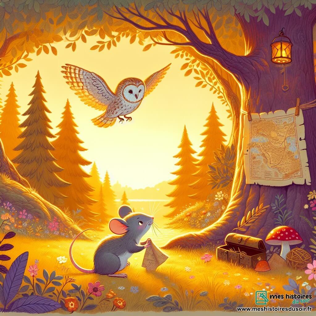 Une illustration sous forme de dessin destinée aux enfants représentant une forêt enchantée baignée par la lumière dorée du matin, avec une petite souris grise aux yeux pétillants et aux oreilles frémissantes, examinant avec curiosité une vieille carte accrochée à un arbre, tandis qu'une chouette sage aux plumes douces et aux yeux bienveillants plane au-dessus d'elle, le tout entouré de fleurs colorées et d'arbres majestueux, illustrant l'instant où la souris découvre le début de son aventure magique.