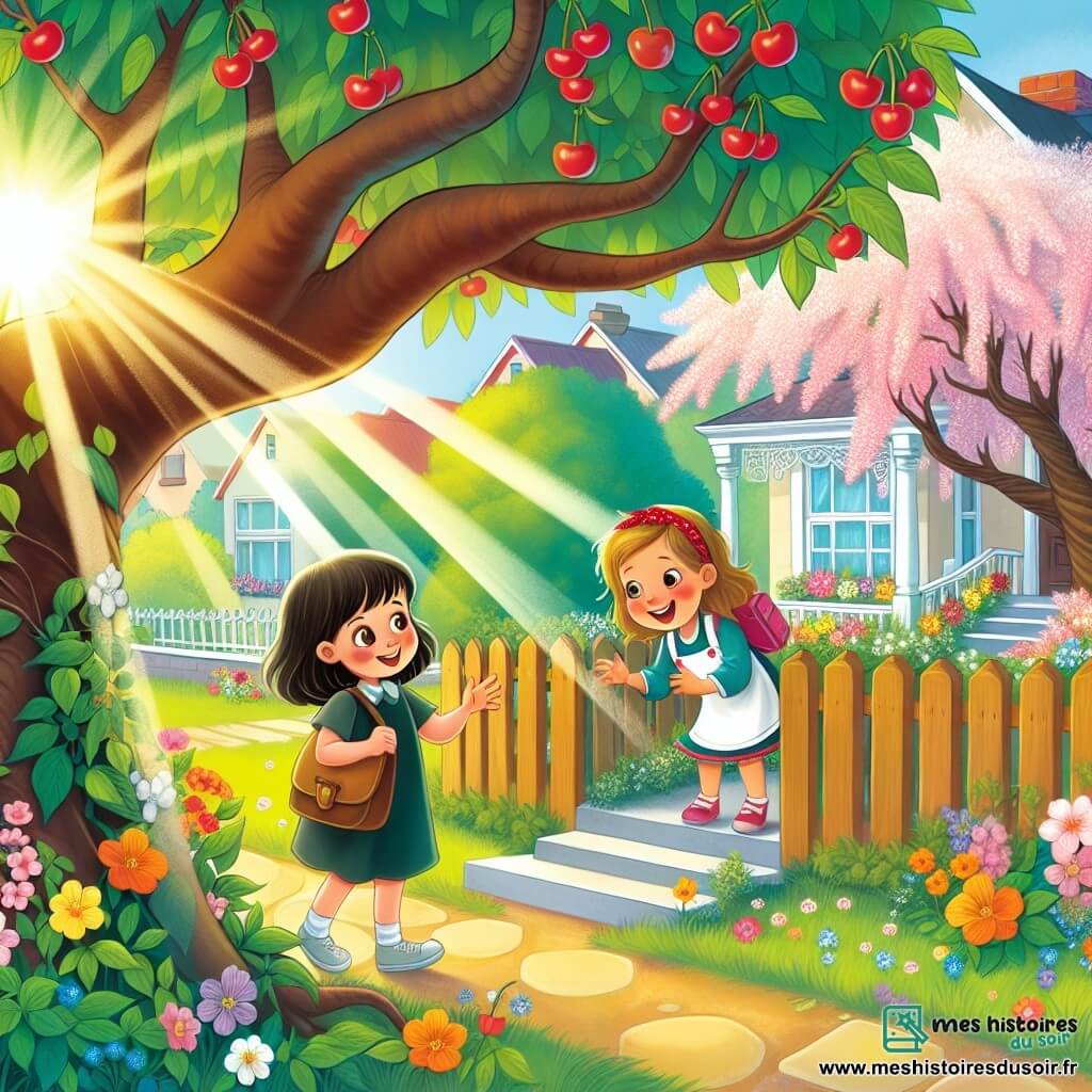 Une illustration destinée aux enfants représentant une fillette curieuse découvrant une nouvelle voisine joyeuse dans un jardin ensoleillé de la rue des Cerisiers, entourées de fleurs colorées et d'un grand cerisier majestueux.