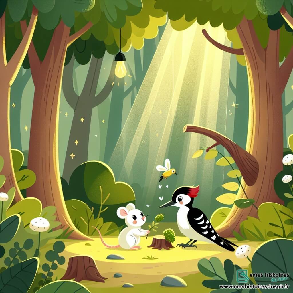 Une illustration destinée aux enfants représentant une petite souris au pelage d'un blanc éclatant, aidant un pic-vert à chasser des insectes sans abîmer les arbres, dans une clairière enchantée de la forêt où les rayons du soleil filtrent à travers les feuilles verdoyantes.