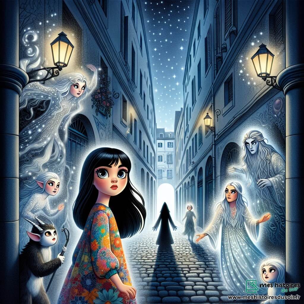 Une illustration sous forme de dessin destinée aux enfants représentant une ruelle mystérieuse de la ville de Verchamps, ornée de fresques fantastiques et baignée d'une lumière argentée, où une fille de 12 ans aux cheveux noirs de jais et aux yeux brillants, vêtue d'une robe colorée, se tient courageusement au centre, entourée de trois personnages secondaires : un petit faune aux oreilles pointues et au sourire malicieux, une femme majestueuse aux longs cheveux flottants représentant la Gardienne de la Terre, et un homme flamboyant aux vêtements translucides incarnant le Gardien du Feu, tous unis pour affronter un mage maléfique qui menace leur monde, tandis que des ombres dansent autour d'eux, créant une atmosphère à la fois magique et inquiétante.