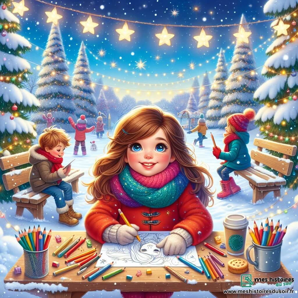 Illustration destinée aux enfants représentant un parc hivernal enchanté, où de grands sapins majestueux, recouverts de neige scintillante, se dressent sous un ciel bleu clair parsemé de flocons de neige tombants. Au centre, une fille de 11 ans aux cheveux châtains et aux yeux pétillants, vêtue d'un manteau rouge vif et d'une écharpe colorée, est assise sur un banc en bois, dessinant avec enthousiasme sur une grande feuille de papier, entourée de crayons et de feutres. À ses côtés, son meilleur ami, un garçon de 11 ans avec des cheveux blonds en bataille et un manteau bleu, observe avec admiration, tenant une tasse de chocolat chaud. L'atmosphère est joyeuse et créative, avec des enfants jouant dans la neige en arrière-plan, des guirlandes lumineuses scintillant sur les sapins, et des biscuits en forme d'étoiles sur une table à proximité, évoquant la magie de l'hiver et l'esprit des fêtes.