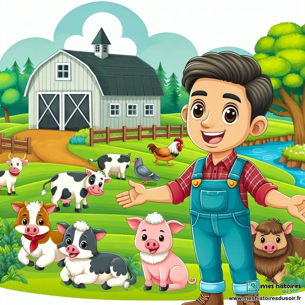Une illustration destinée aux enfants représentant un homme passionné d'agriculture, entouré de champs verdoyants et d'animaux joyeux, dans une ferme située en dehors d'un petit village paisible.
