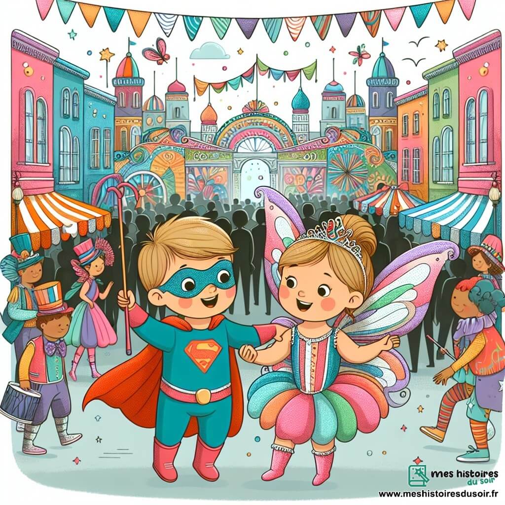 Une illustration destinée aux enfants représentant un petit garçon déguisé en super-héros, accompagné d'une petite fille aux ailes de fée, explorant un carnaval aux rues remplies de couleurs vives, de musiques entraînantes et de gens déguisés de la tête aux pieds.