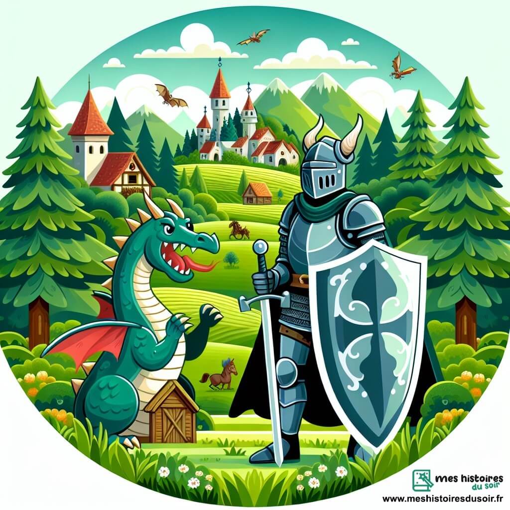 Une illustration destinée aux enfants représentant un courageux chevalier, un dragon féroce, et un village paisible entouré de champs verdoyants et de forêts mystérieuses.